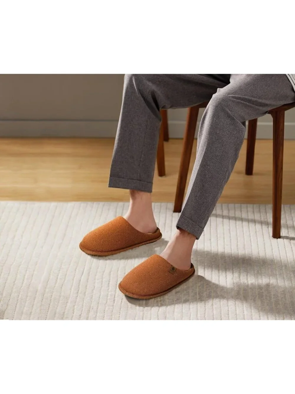 Men's Khaki Cushion Memory Foam Shake Fleece Faux Fur Lining House Slipper Shoes